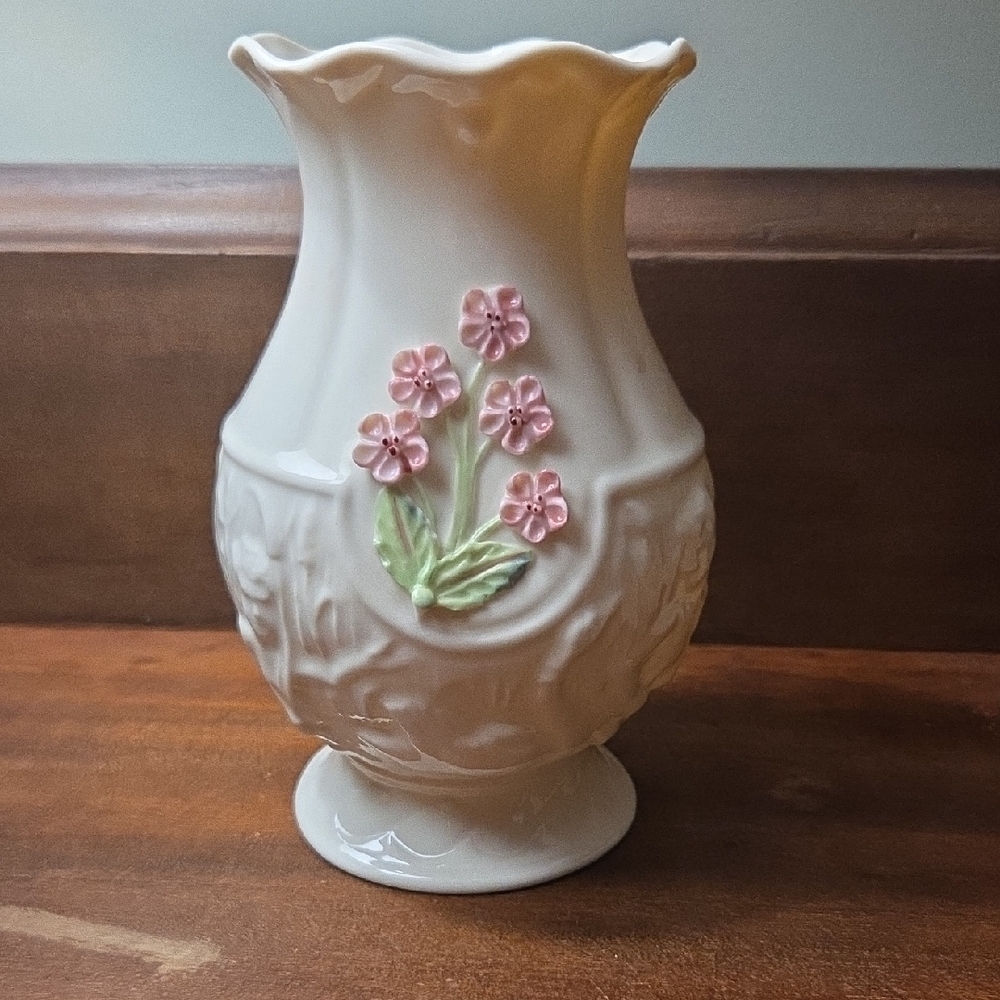 Belleek Cream Vase with Pink Floral Accents Water Elves
